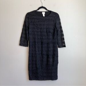 Chico’s Black Silver Metallic Layered 3/4 Sleeve Fitted Dress 0 Petite